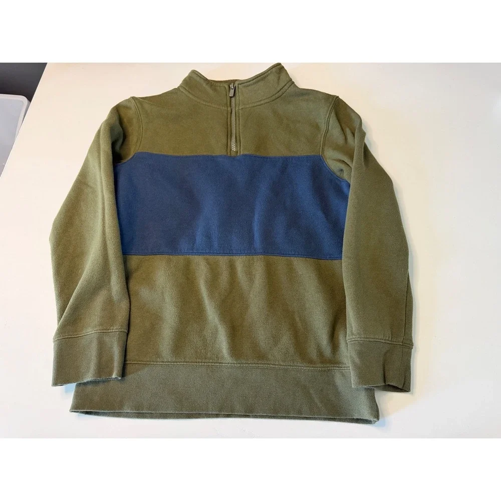 Sonoma Kids Medium Olive Green Navy Blue Stripe Quarter Zip Fleece Sweatshirt